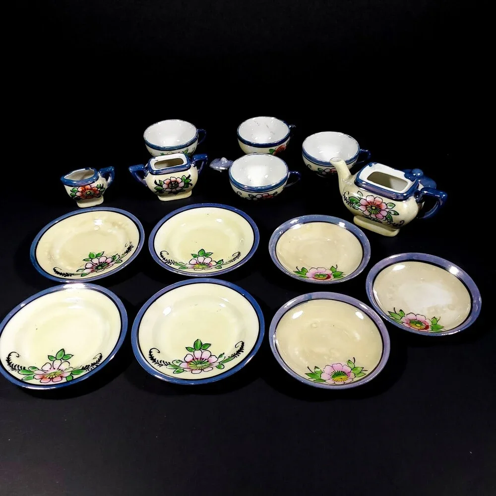 Vintage 1950s Japanese Lusterware 14 Piece Tea Set blue rim orange blue flowers